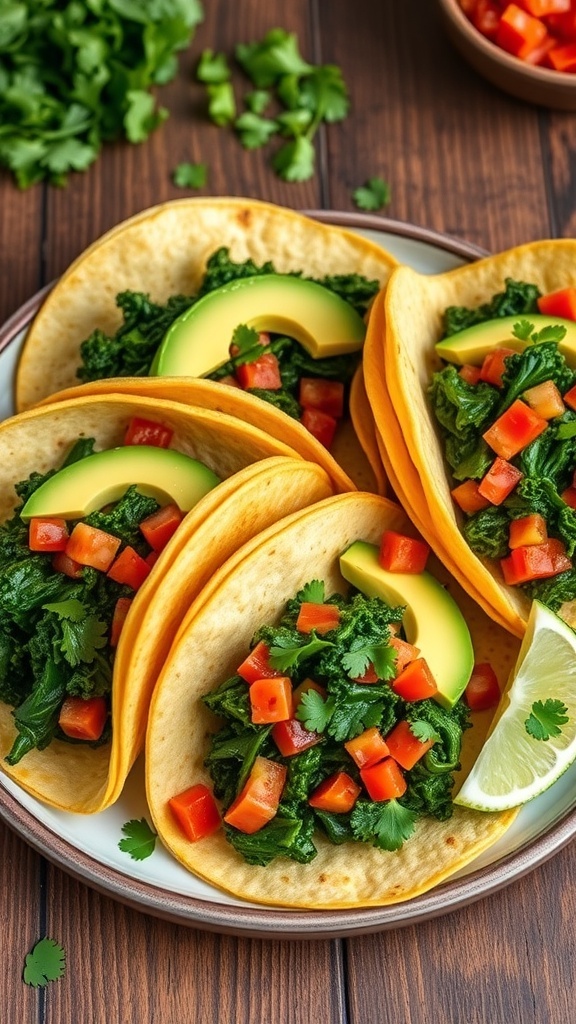 Spicy kale tacos with avocado and salsa on a rustic table.